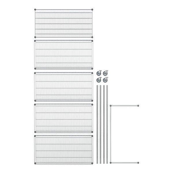 A chrome wire rack with angled shelves and wheels.
