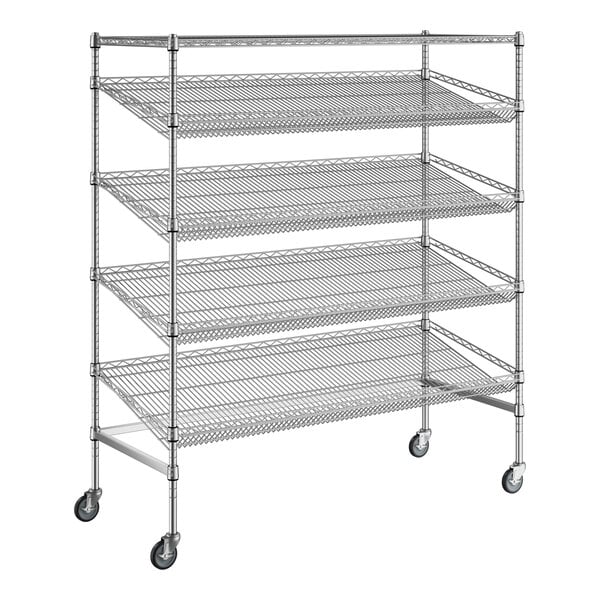 A Regency chrome wire shelving unit with wheels.