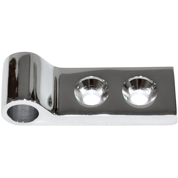 A chrome metal Fisher foot valve bracket with two holes.