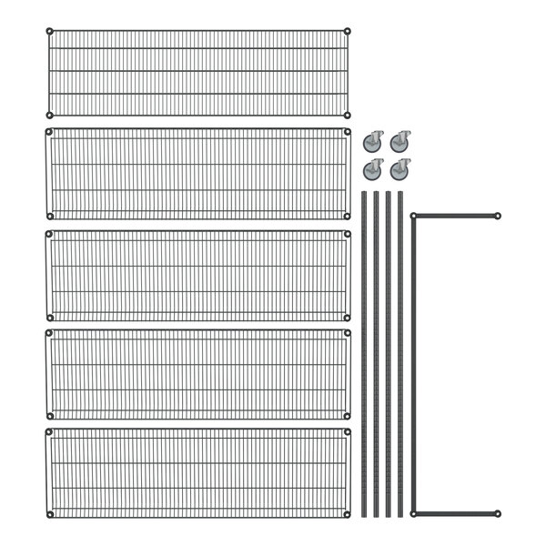 A Regency black wire mesh merchandising rack with angled shelves on wheels with metal rods.