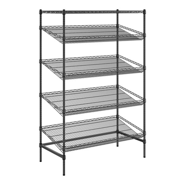 A black wire shelving unit with five shelves.