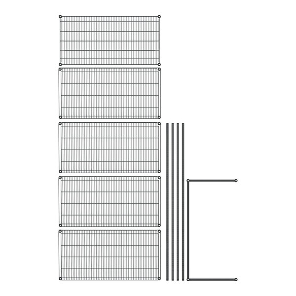 A black wire mesh rack with angled shelves.