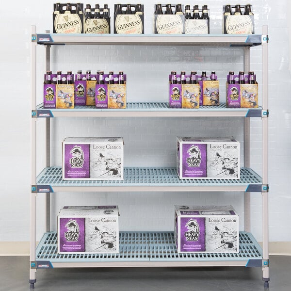 A MetroMax shelving unit with boxes and bottles of beer on it.