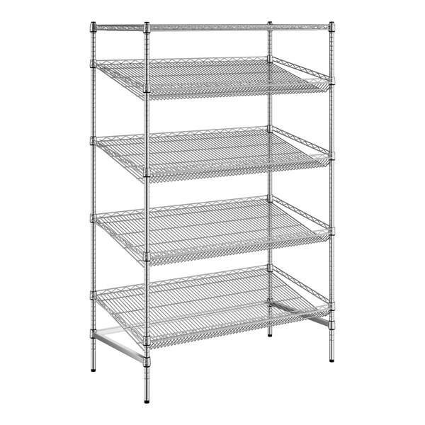 A chrome wire shelving unit with angled shelves.
