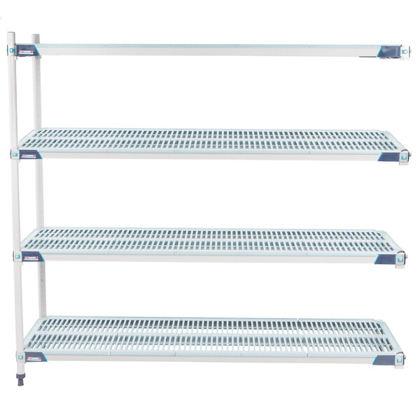 A white MetroMax shelving rack with three shelves.