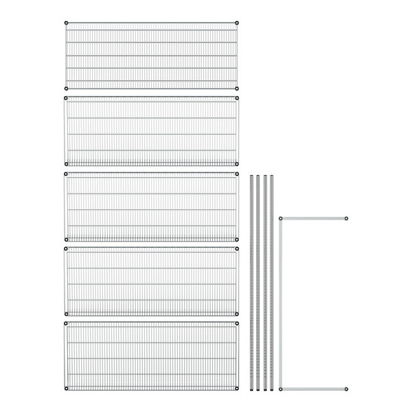 A white wire mesh Regency stationary rack with angled metal shelves.