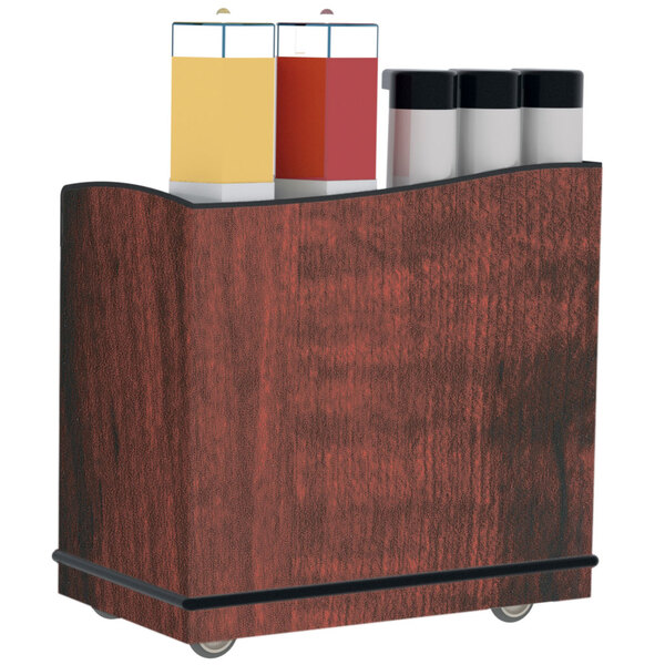A Lakeside serving cart with red maple laminate finish and adjustable ledges holding condiment containers.