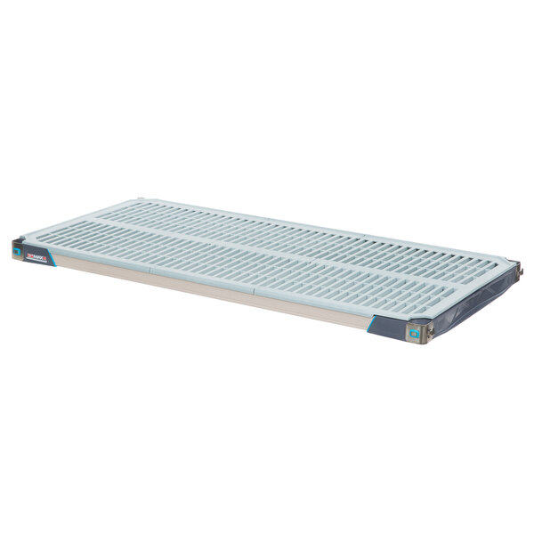 A white polymer MetroMax add-on shelving kit with blue plastic connectors and shelves.