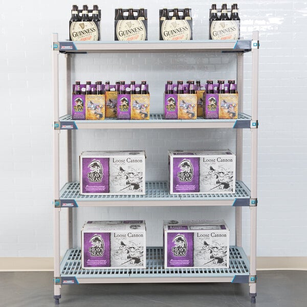 A MetroMax shelving unit with boxes and bottles of beer on the shelves.