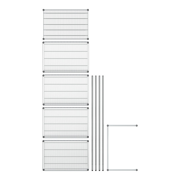A chrome metal Regency stationary wire shelving rack with angled shelves.