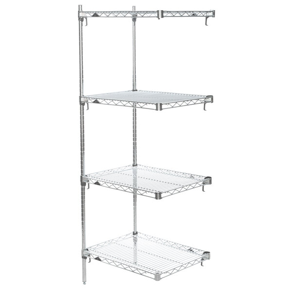 A chrome Metro Super Erecta wire shelving unit with four shelves.