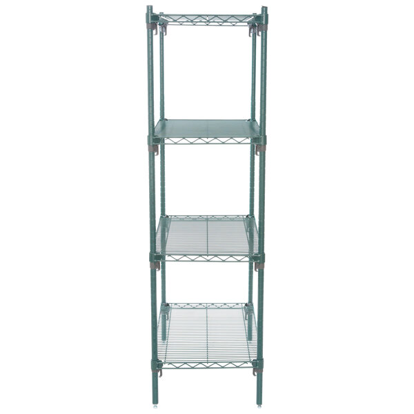 A green Metroseal 3 wire shelving unit with four shelves.