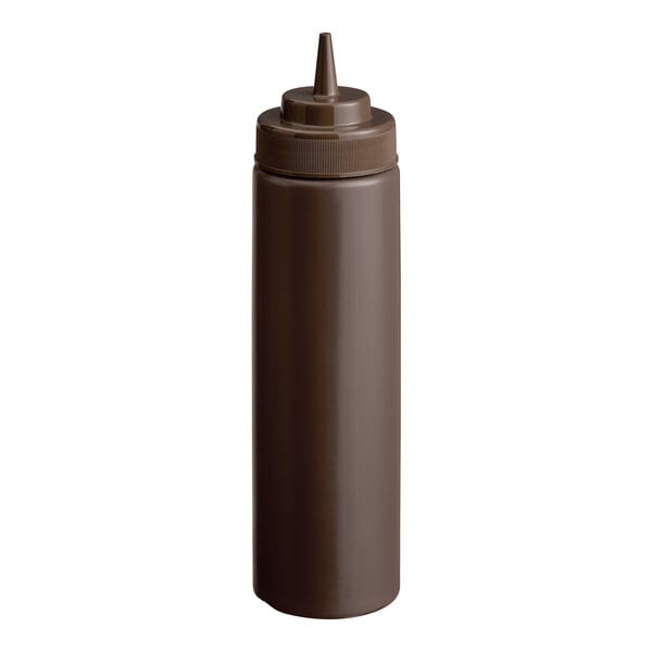 A brown plastic wide mouth squeeze bottle with a pointed nozzle cap.