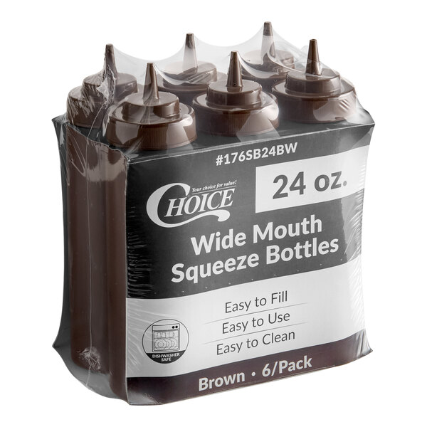 A six-pack of 24-ounce brown wide mouth squeeze bottles in plastic packaging.