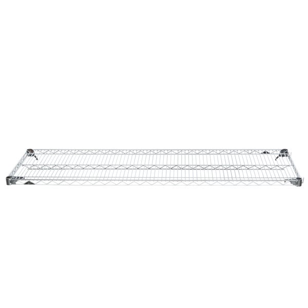 A chrome wire shelf on a white background.