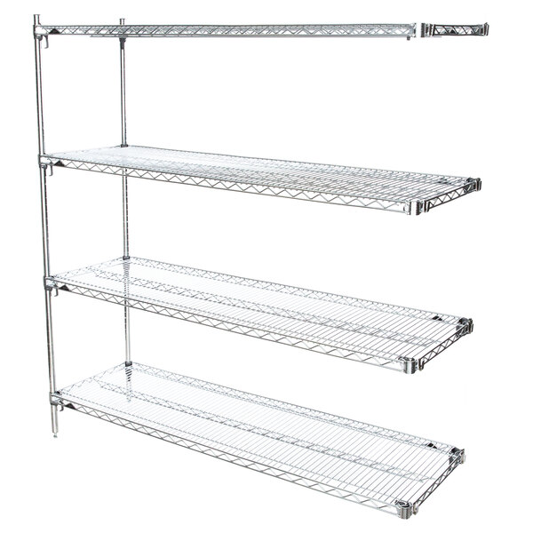 A Metro chrome wire stationary add-on shelving unit with shelves.