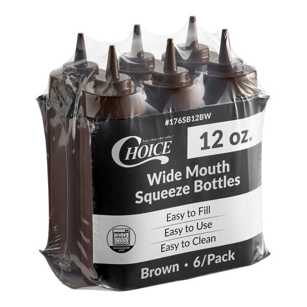 A six-pack of 12-ounce brown wide mouth squeeze bottles in plastic packaging.
