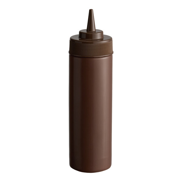 A brown 12 oz. wide mouth squeeze bottle with a pointed nozzle lid.