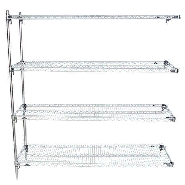 A Metro Super Erecta chrome wire shelving unit with four shelves.