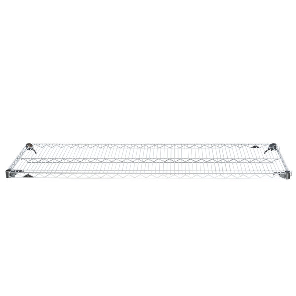 A chrome metal shelf with a white background.