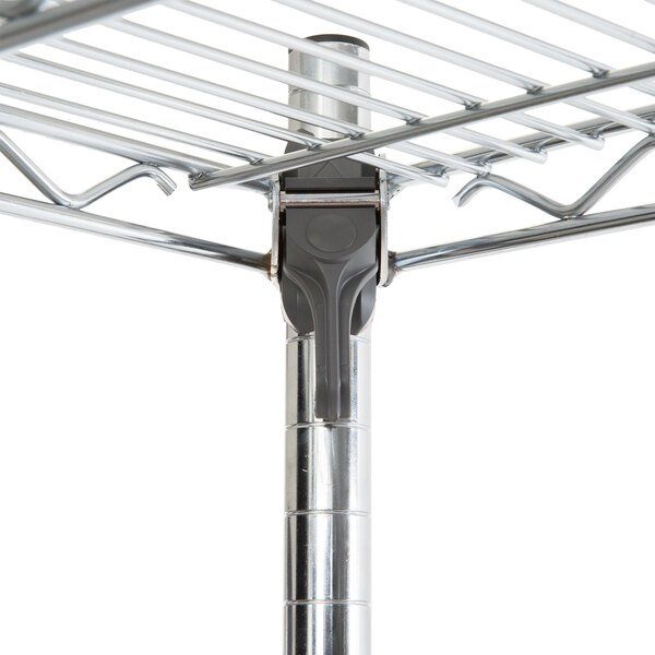 A Metro Super Erecta chrome wire shelving unit with metal shelves and metal rods.