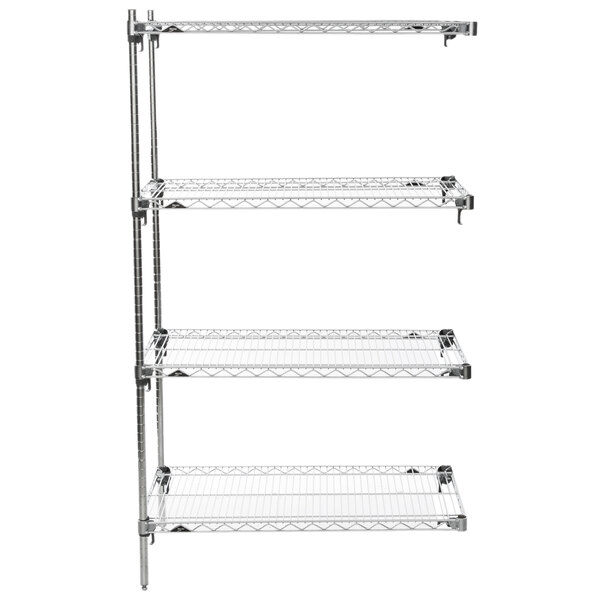 A chrome Metro Super Erecta wire shelving unit with four shelves.