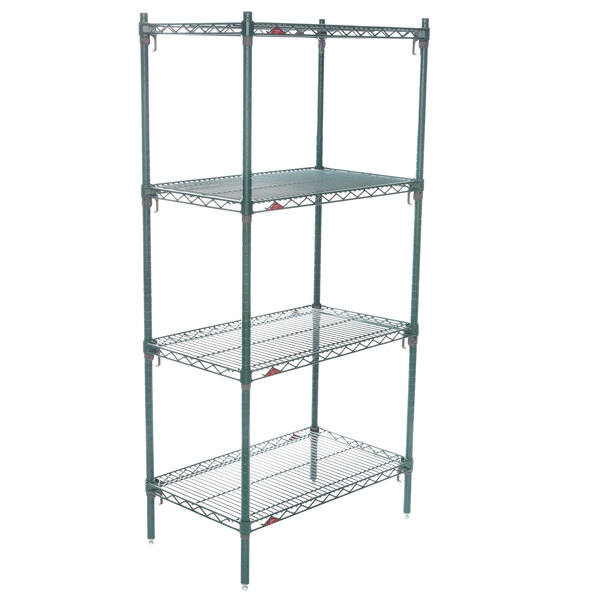 A Metroseal 3 wire shelving unit with four shelves.