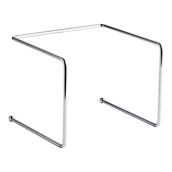A chrome metal pizza stand measuring 9 inches by 8 inches by 7 inches.