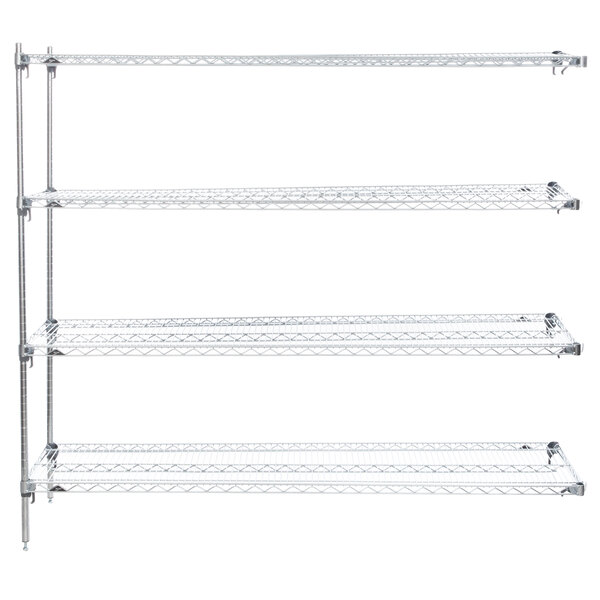 A chrome Metro Super Erecta wire shelving unit with four shelves.