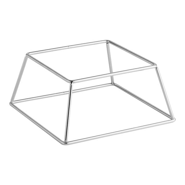 A square stainless steel metal display stand with an open frame design.