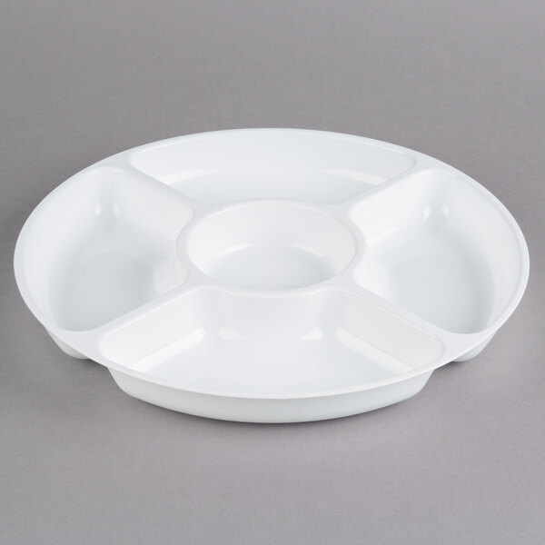 A Fineline white plastic round tray with four sections.