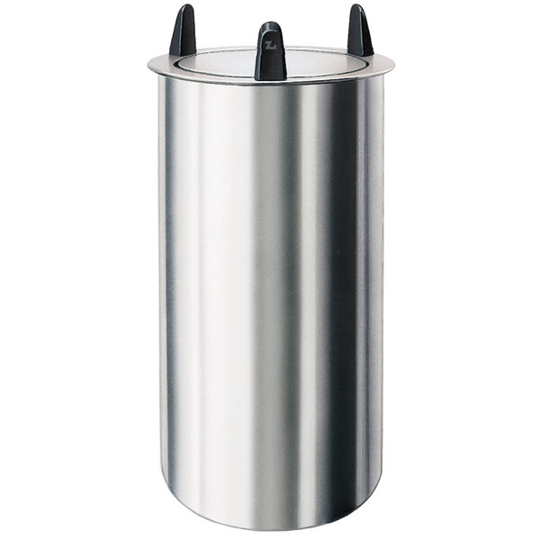 A silver Lakeside unheated drop in dish dispenser with black handles.