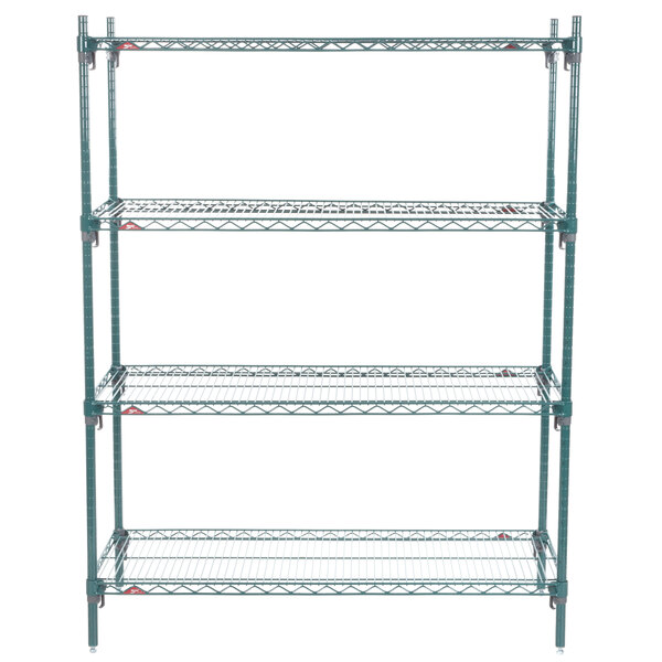 A green Metroseal 3 wire shelving unit with four shelves.