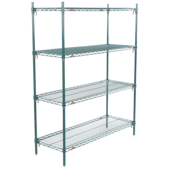 A green Metroseal 3 wire shelving unit with three shelves.