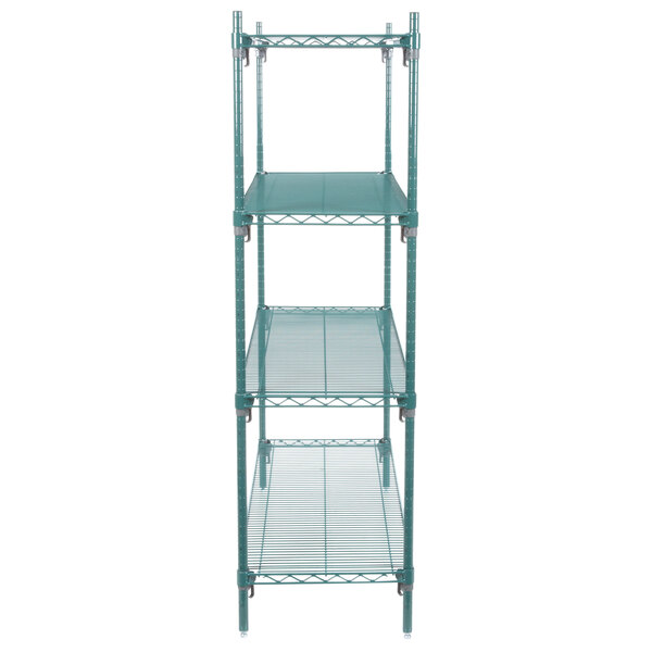 A green Metroseal 3 wire shelving unit with shelves.