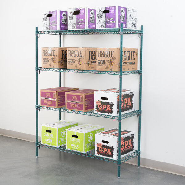 A Metroseal 3 wire stationary shelving unit with shelves holding boxes.