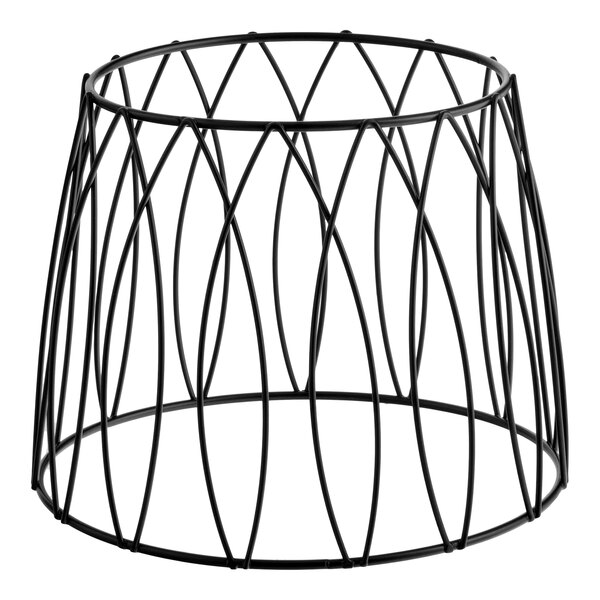 A round black patterned metal display stand.