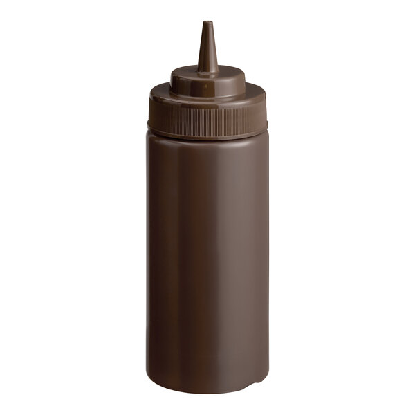 A brown 16 oz. wide mouth squeeze bottle with a pointed nozzle lid.