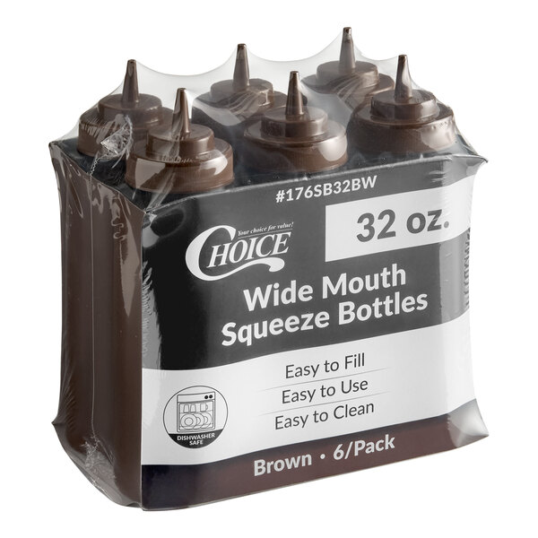 A six-pack of 32 oz. brown wide mouth squeeze bottles in plastic packaging.
