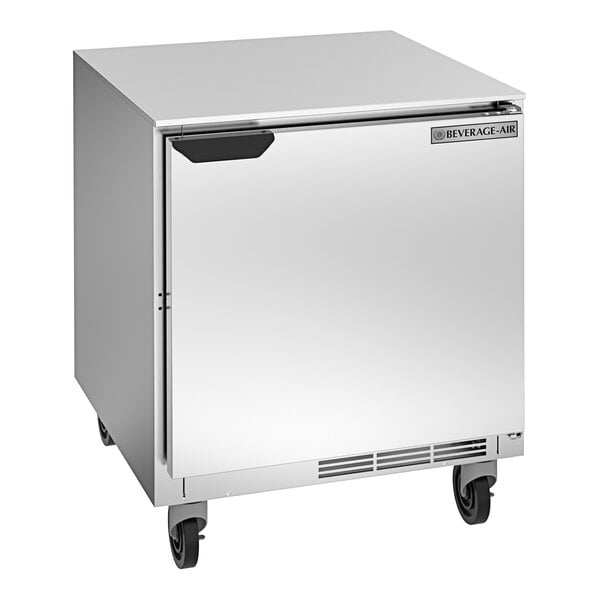 A silver Beverage-Air undercounter refrigerator with wheels.