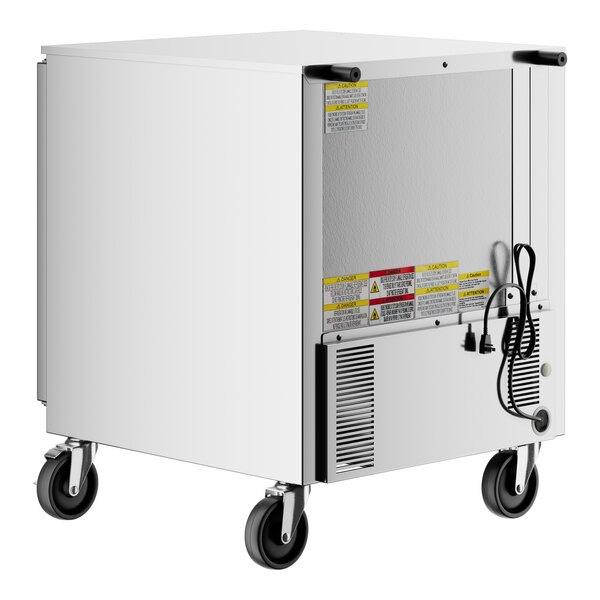 A white rectangular Beverage-Air undercounter refrigerator with black wheels.