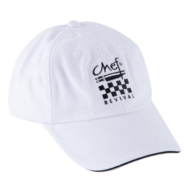 A white Chef Revival baseball cap with a black logo.