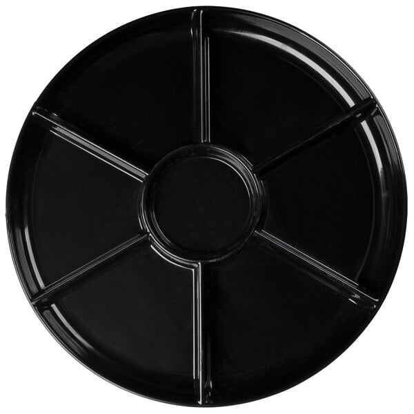 A Fineline black plastic tray with seven compartments.