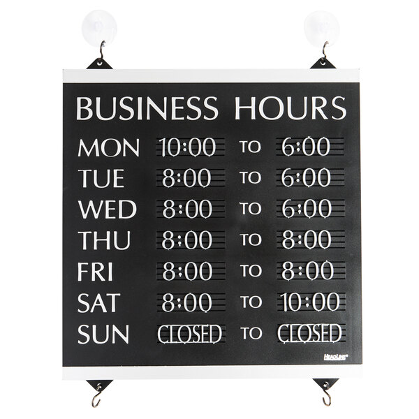 Headline Sign 4247 Century Series 13" x 14" Black Heavy-Duty Plastic Business Hours Sign