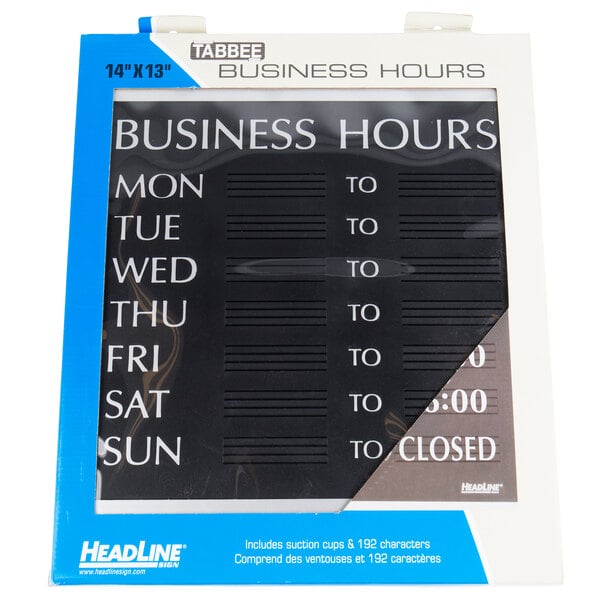 A black business hours sign with white text on it.