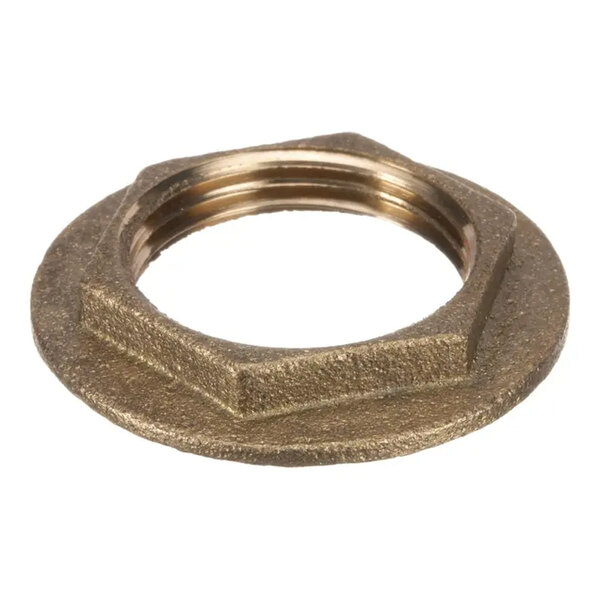 A metallic, hexagonal locknut with internal threading and a wide, flat base.
