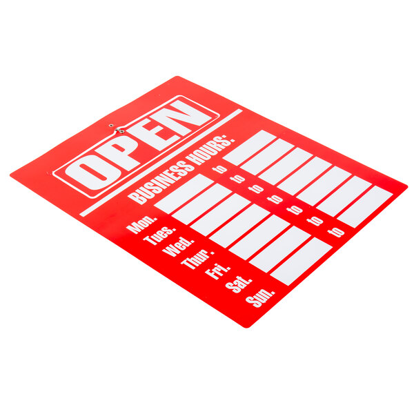 A red Cosco business hours sign with white text.