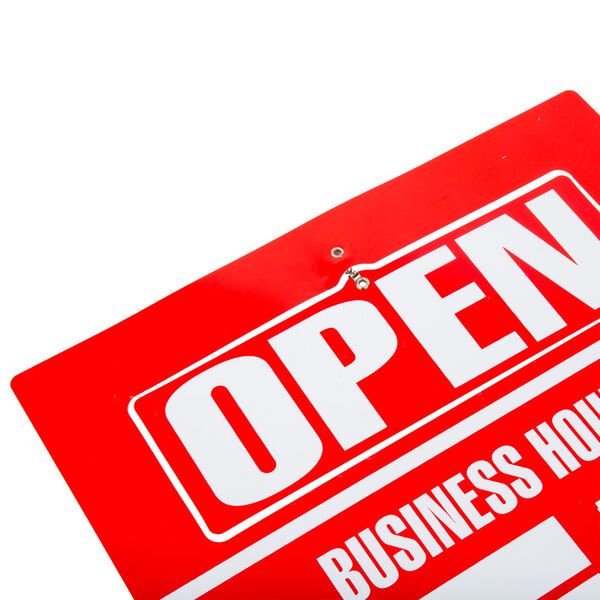 A red Cosco business hours sign with white text.