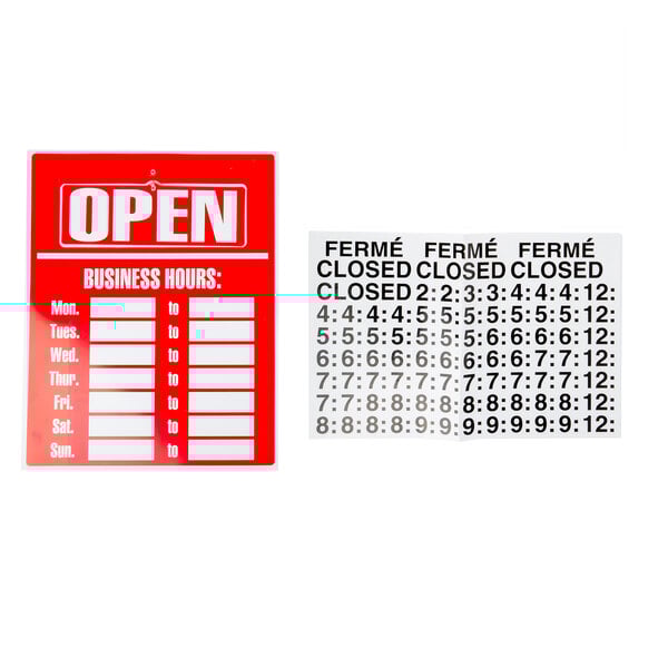 A red Cosco business hours sign with white and black text.