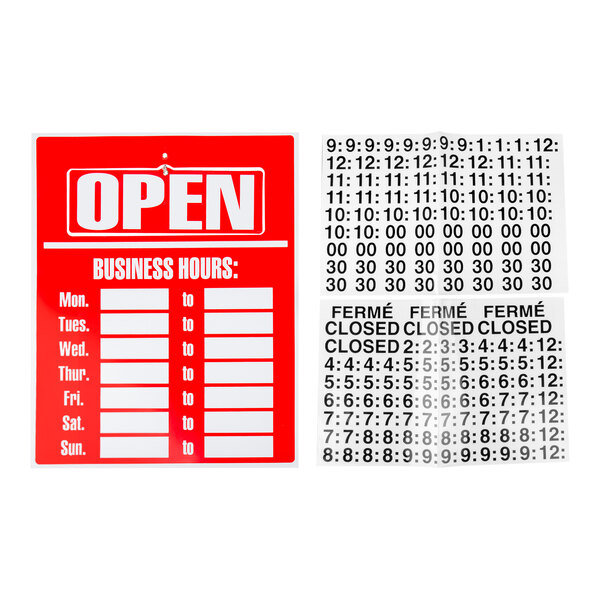 A red and white business hours sign with blank spaces for each day of the week, accompanied by sheets of adhesive numbers and words for customizing the hours.